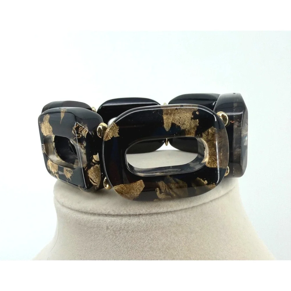 Black and Gold Leaf Resin Chunky Stretch Bracelet Statement Rectangular Link
